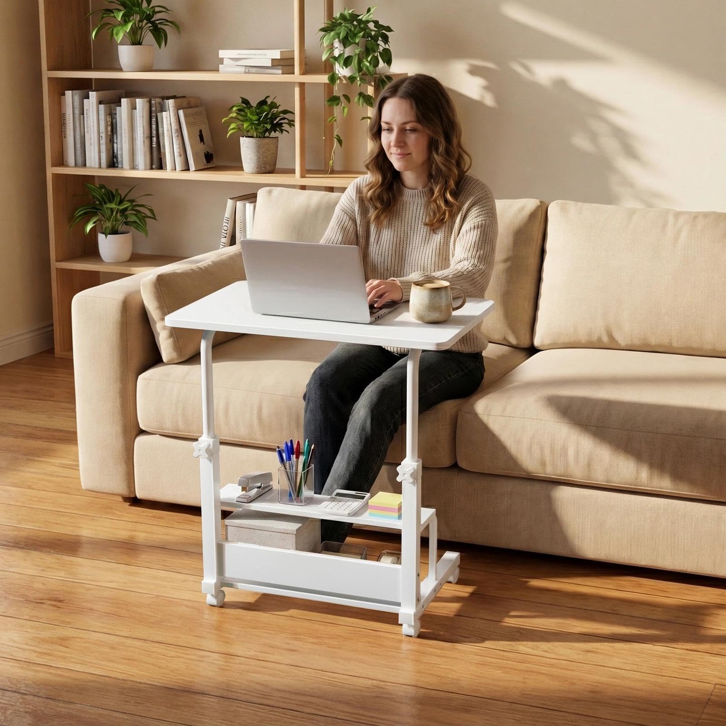 WINAZ Small Portable Laptop Rolling Desk - 32" White Mobile Kids Desk with Wheels for Small Spaces, Height Adjustable C Shaped Side Table with 2-Tier Storage Shelves for Bedroom