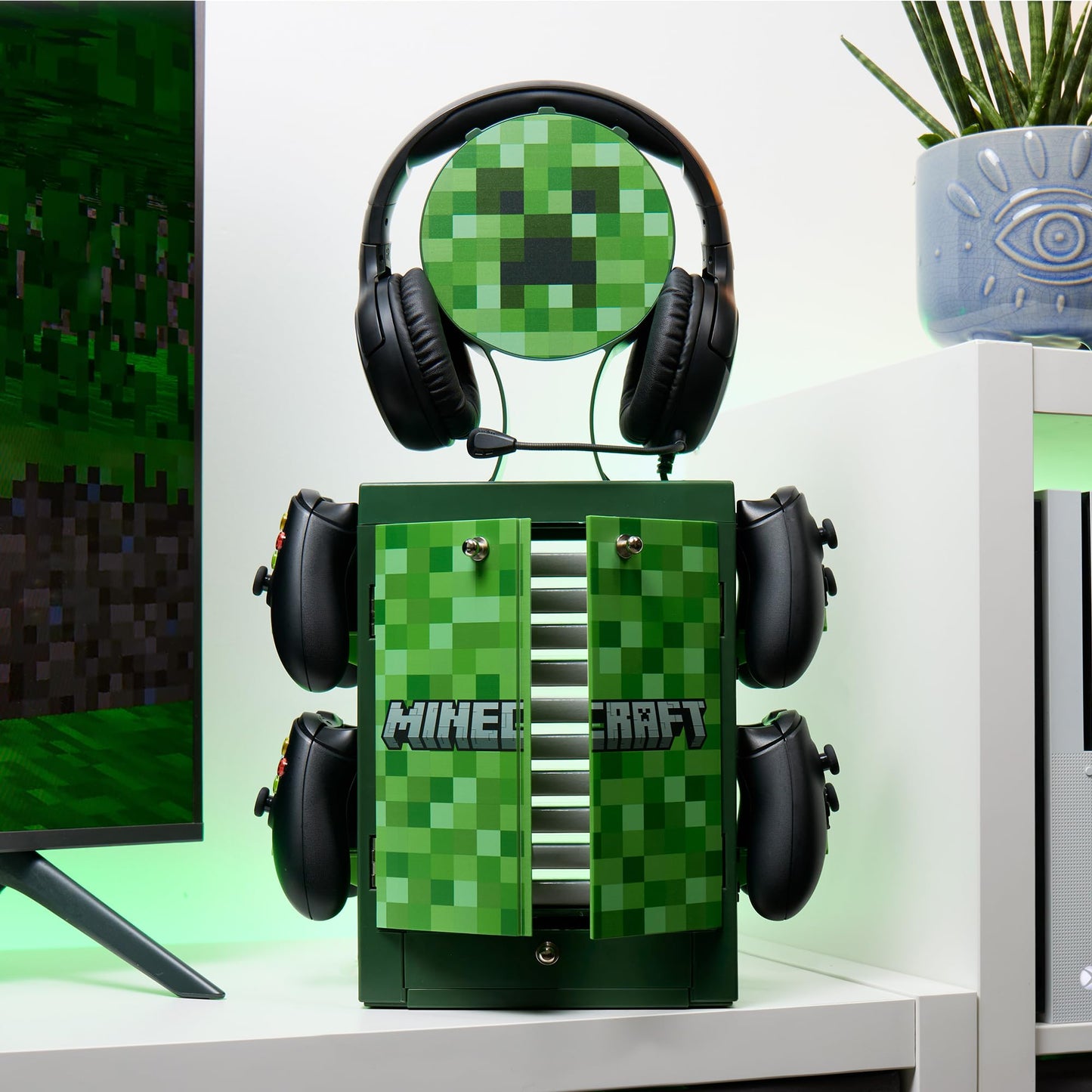 Numskull Official Minecraft Gaming Accessory Locker & Storage Stand – Holds 10 Games/DVDs, 4 Controllers, Headset, and Accessories – Durable & Compact Organizer – Official Minecraft Merchandise