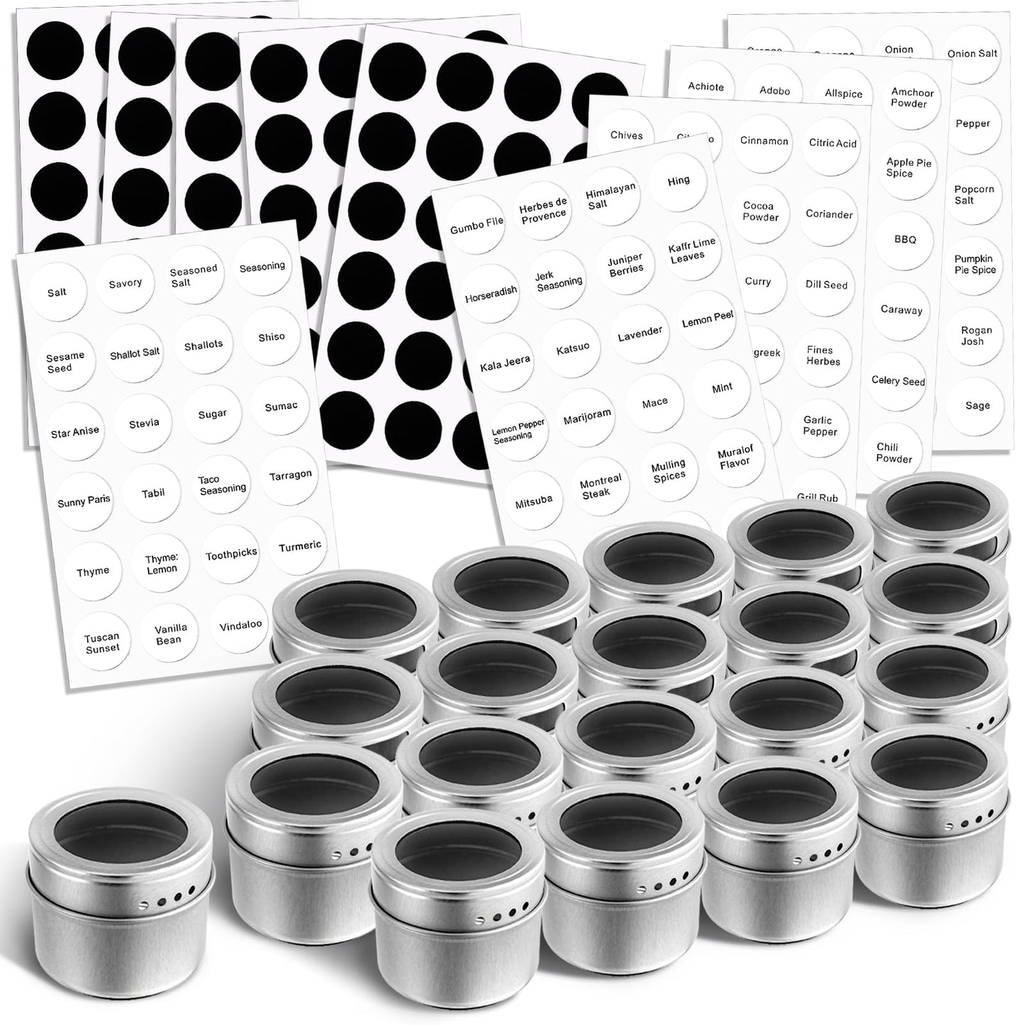 Bekith 20 Pack Magnetic Spice Jars, Magnetic Spice Containers for Refrigerator, Seasoning Tins with Clear Top Lid, 240 PVC Spice Label Set