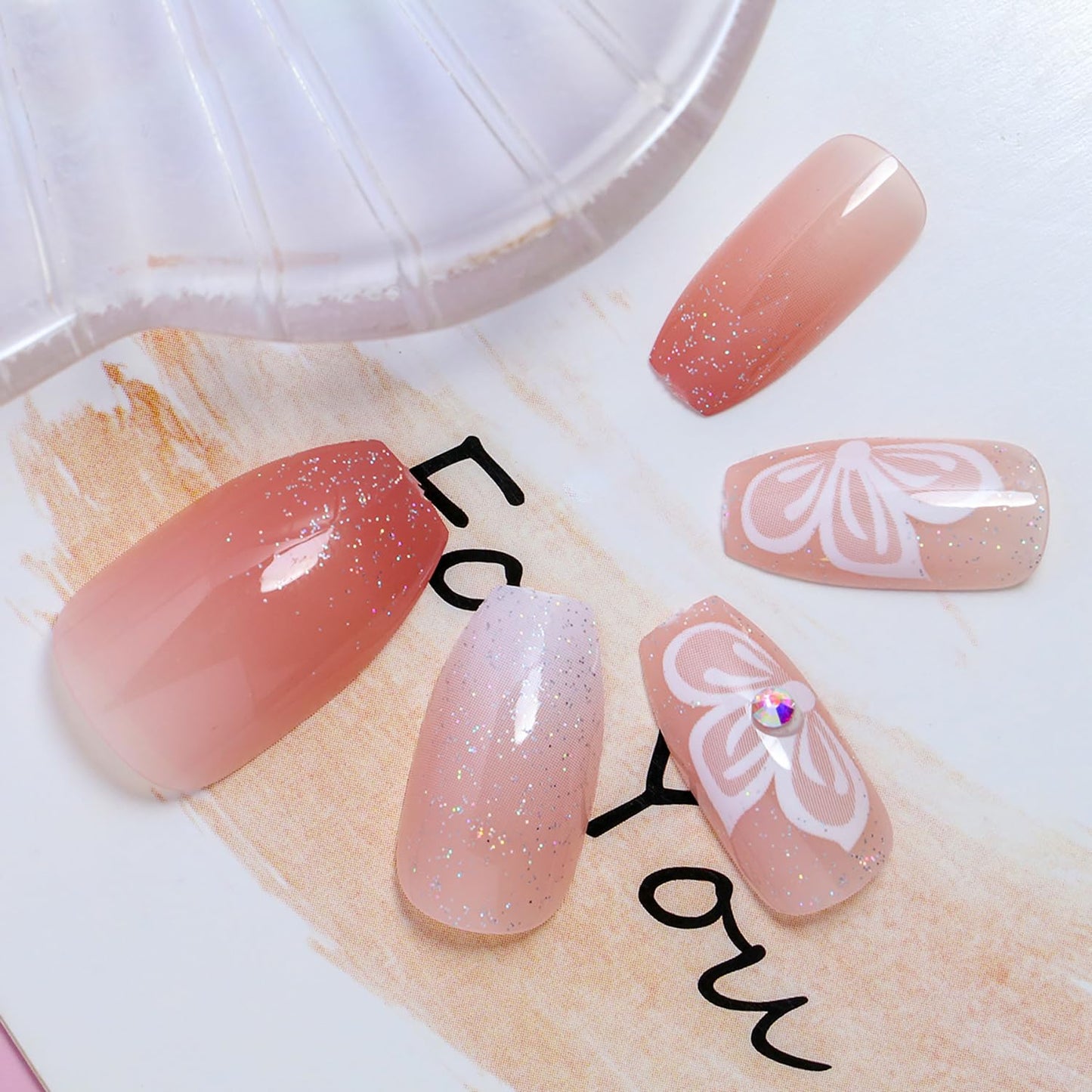 Press on Nails Medium Coffin SWEKKE Fake Nails Nude Pink Gradient Full Cover False Nails with Flower Designs Pink Glitter Glossy Glue on Nails Artificial Acrylic Nails for Women Girls 24 Pcs