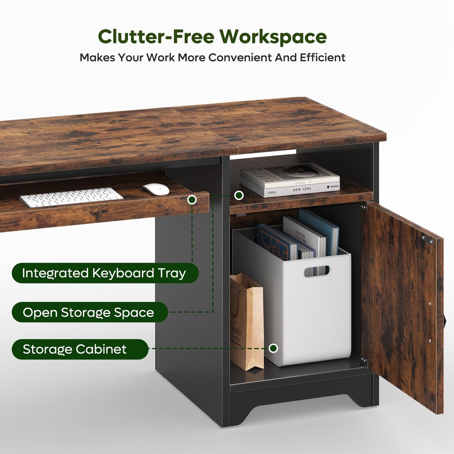 Bestier Office Desk with Keyboard Tray, 47 inch Industrial Computer Desk with Storage, Reversible Executive Desk with File Cabinet for Home Office Bedroom, Rustic Brown