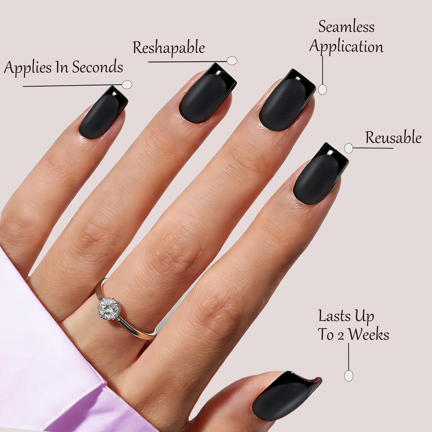 Black Press on Nails Short Square - Black Nails with Glossy French Tips in a Matte Finish, Soft Gel Fake Nails Glue On Nails in 16 Size - 32PCS Soft Gel Glue On Nails Kit