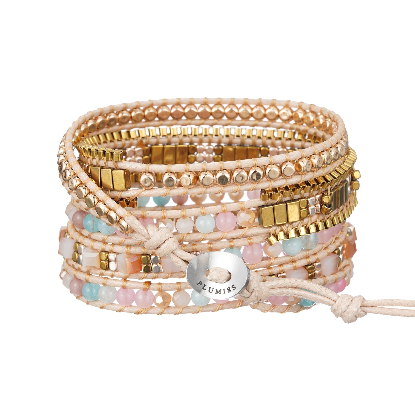 Plumiss Women Boho 5 Wraps Stone Crystal Bracelets Handmade Beaded Statement Stainless Steel Box Chain Bracelet Jewelry