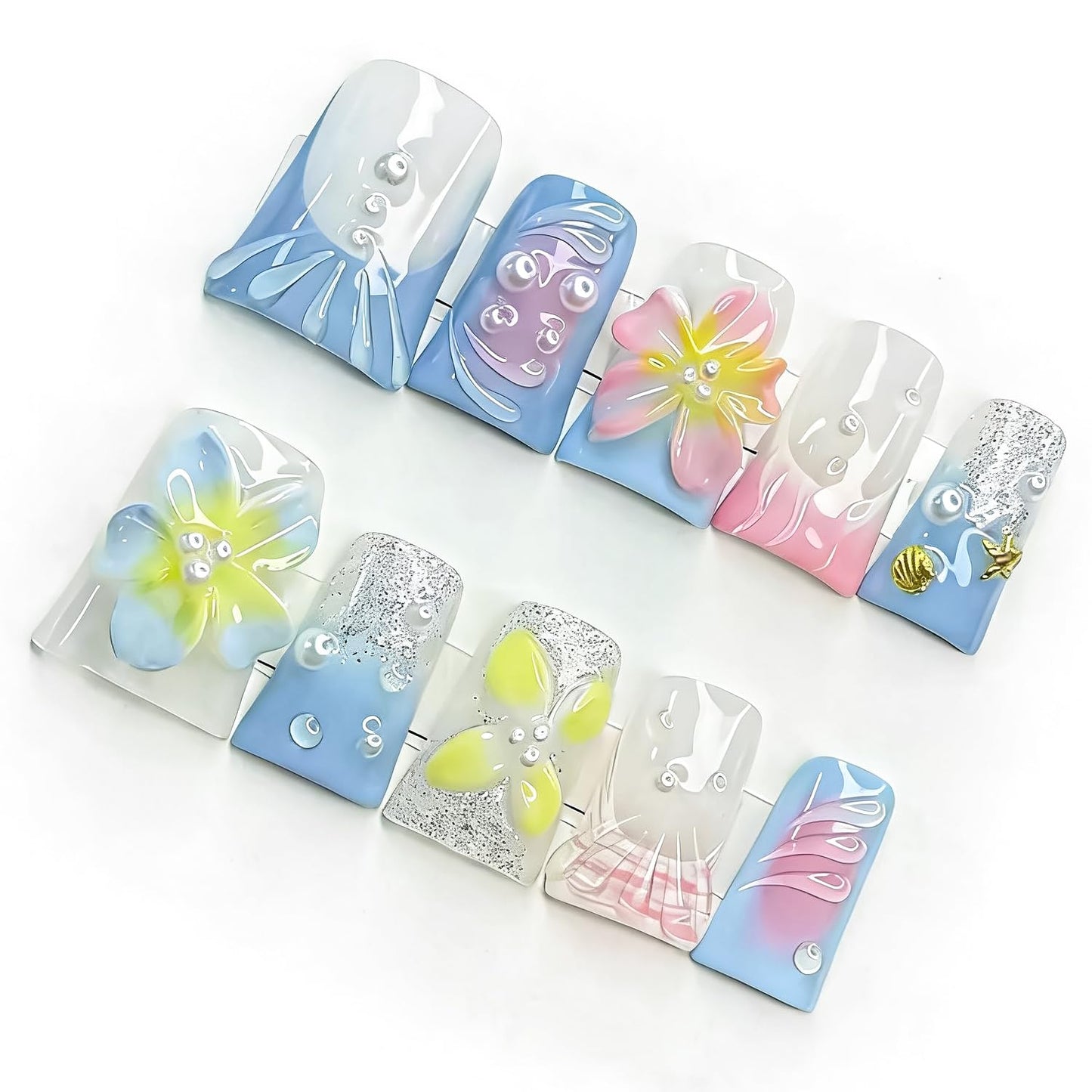 3D Flower Blue Gradient Handmade Press on Nails Shiny White Pearl Design Pink Gradient False Nails with Gold Shell Starfish Artificial Acrylic Full Set Press on Nail for Women Girls 10 Pcs （Size M）