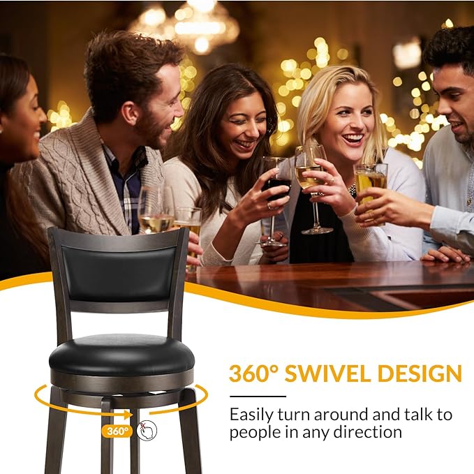 PrimeZone Swivel Bar Stools Set of 6, 26 Inch Counter Height Barstools, Black Faux Leather Bar Stool with High Backrest & Solid Wood Legs & Wrap-around Footrest, Counter Stools for Kitchen Island, Pub
