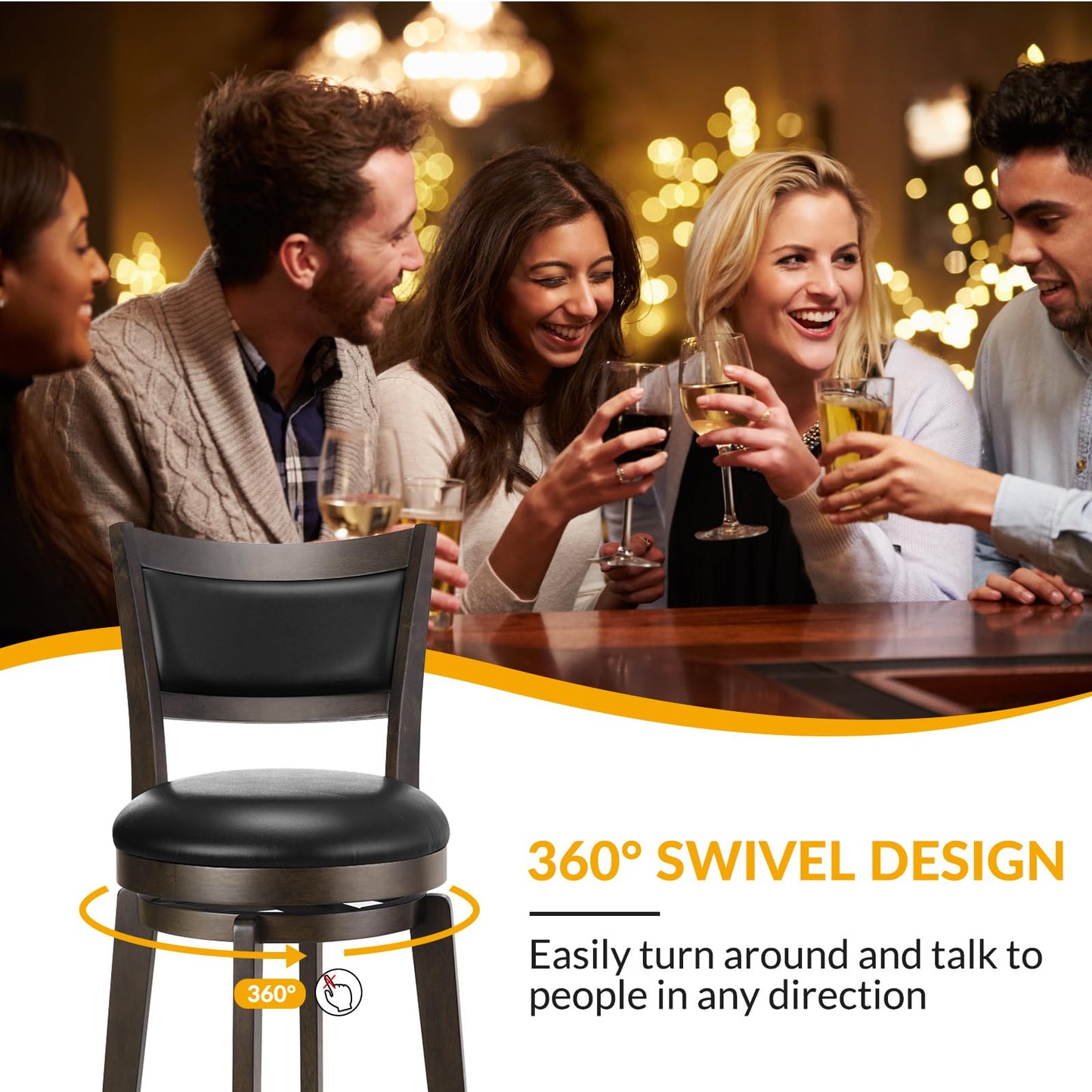 PrimeZone Swivel Bar Stools Set of 2, 24 Inch Counter Height Barstools, Black Faux Leather Bar Stool with High Backrest & Solid Wood Legs & Wrap-around Footrest, Counter Stools for Kitchen Island, Pub
