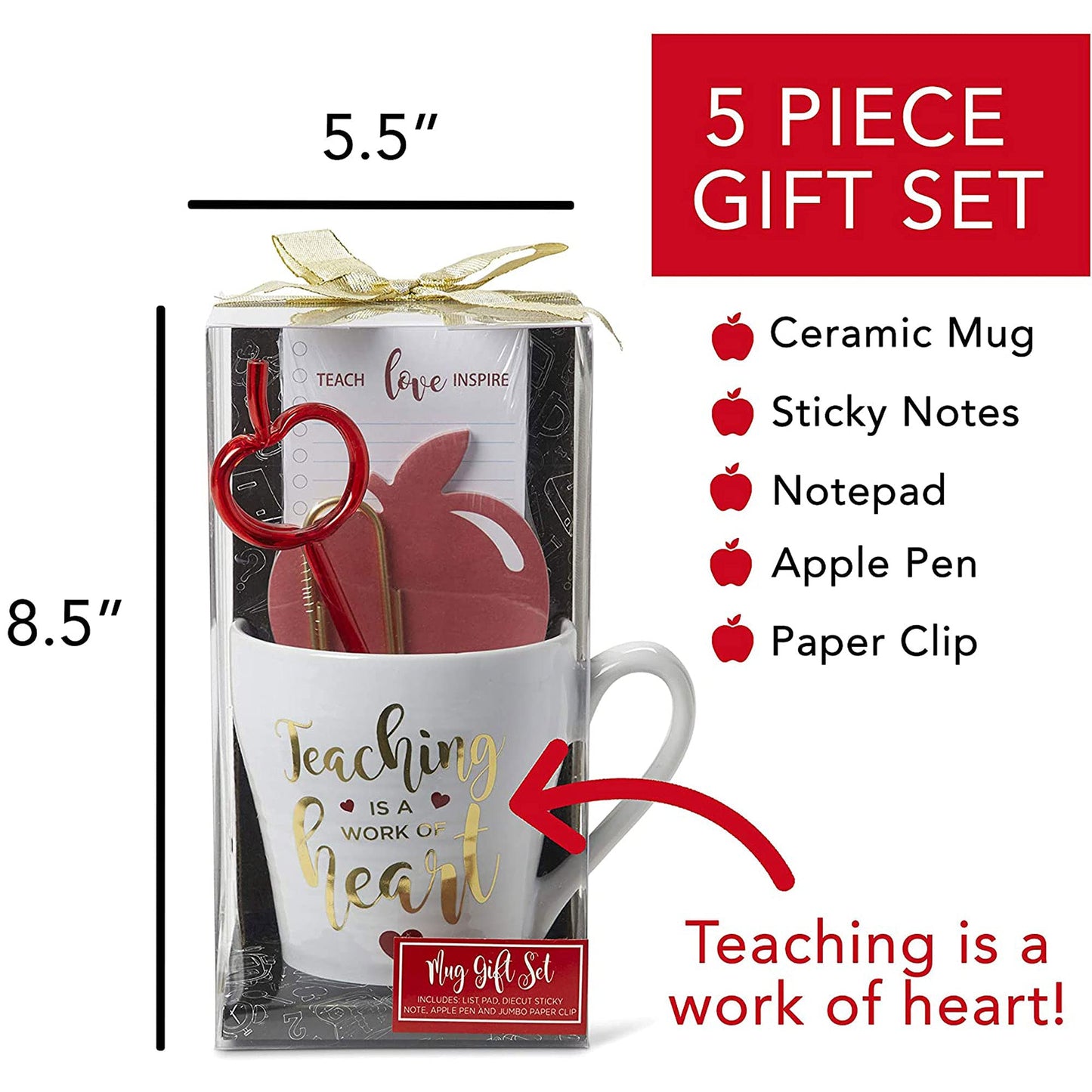 VOTUM Teacher Appreciation Gift for Women or Men - Bundle Includes Mug, Writing Pad, Apple-Shaped Pen and Sticky Notes, Jumbo Gold Paper Clip - Heart Coffee Cup - Teacher Appreciation Week Thank You