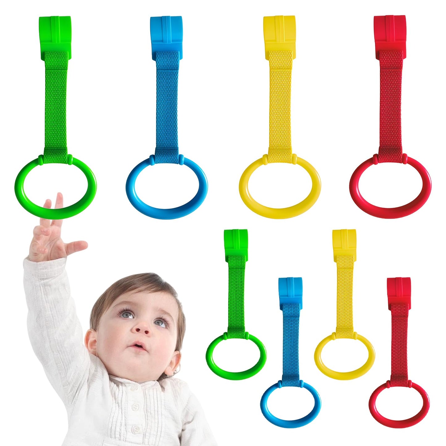 LBOYO 8Pcs Baby Playpen Pull up Rings, Premium Baby Pull up Rings for Play Pen Standing up, Plastic Safety Walking Exercises Assistant Rings for Infants Babies Toddler, 4 Colors.