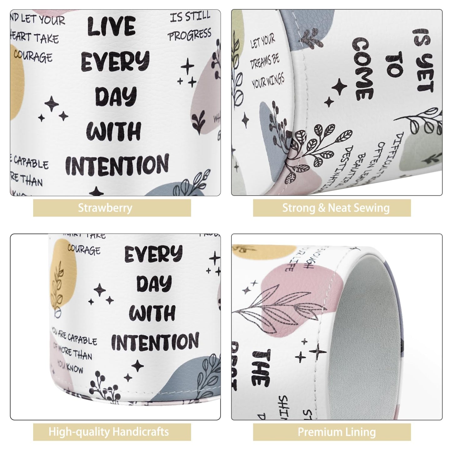 WAVEYU Desk Pen Holder Organizer Cute, Pencil Holder Cup, Makeup Brush Holder Large Pu Leather, Multi-Functional Organizer for Office, for Teens Adults Student, Inspiring Words Pattern