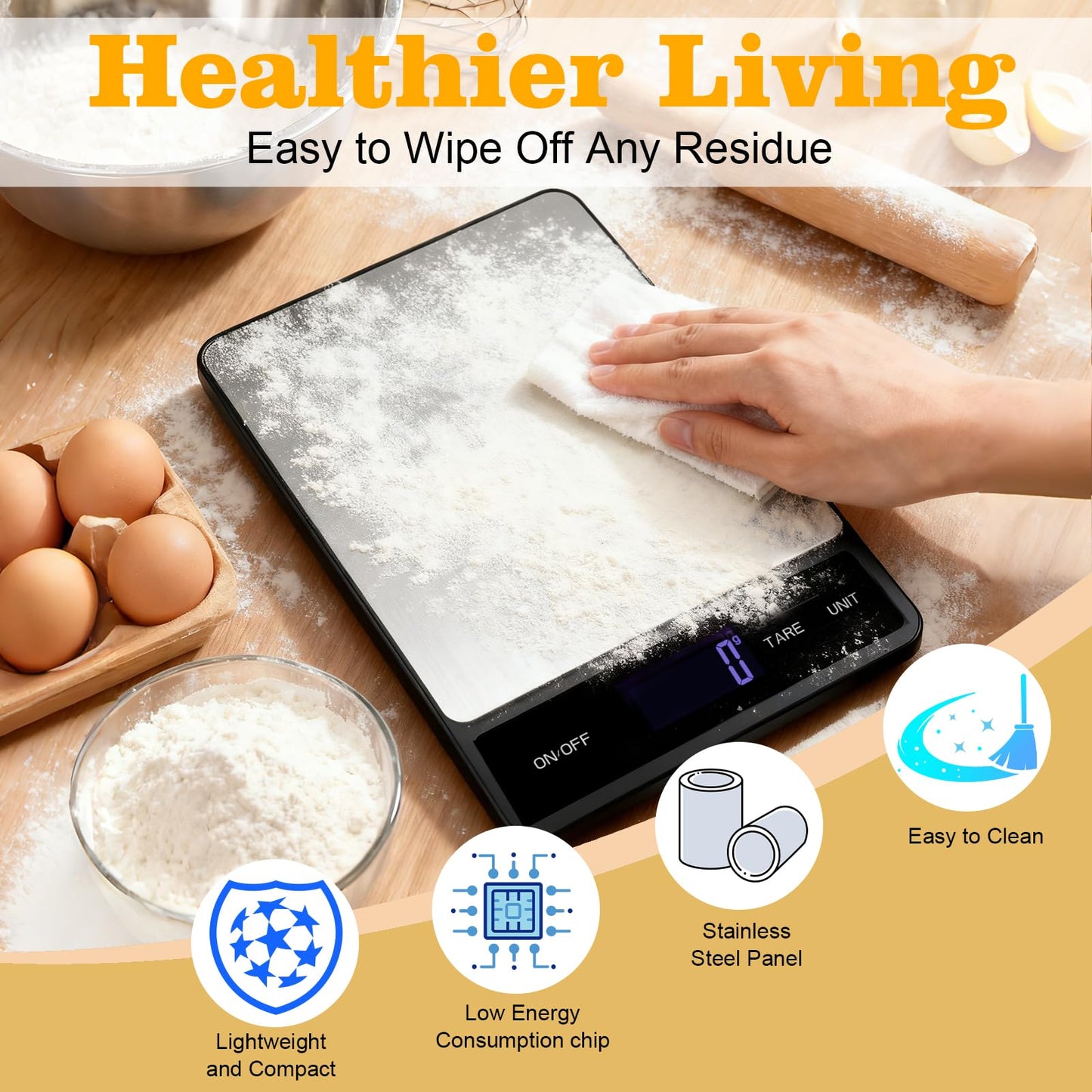 Food Digital Scale 33lb Kitchen Digital Scale Grams and Ounces for Weight Loss Baking Cooking Keto and Meal Prep Backlight LCD Smart Tare USB Rechargeable Waterproof 304 Stainless Steel