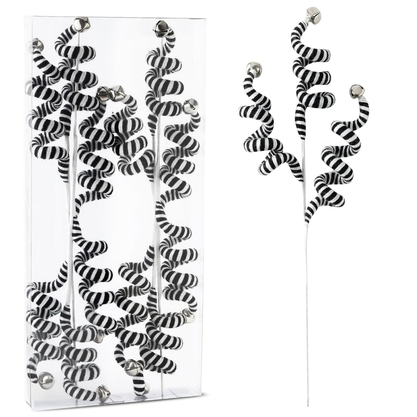 ZHANYIGY 4PC Set Black/White Christmas Tree Picks Christmas Tree Decoration Woolen Bells Curly Pick, Halloween Decoration Home Office Paty Ornaments