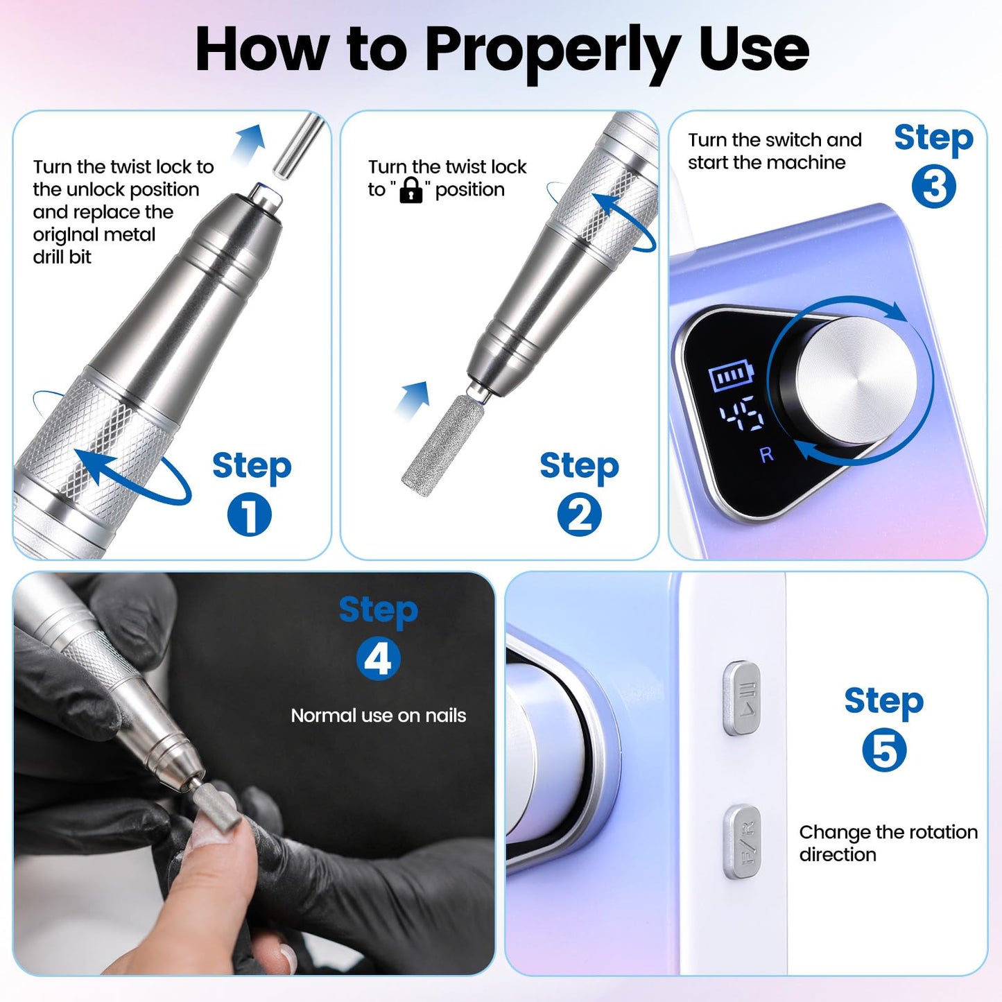 YSC Electric Nail Drill - 45000RPM Rechargeable Efile with Coreless Motor, Waterproof Nail Drill for Acrylic Nails, Portable Efile Kit for Home Salon Manicure Pedicure, Low Noise & Vibration Pink