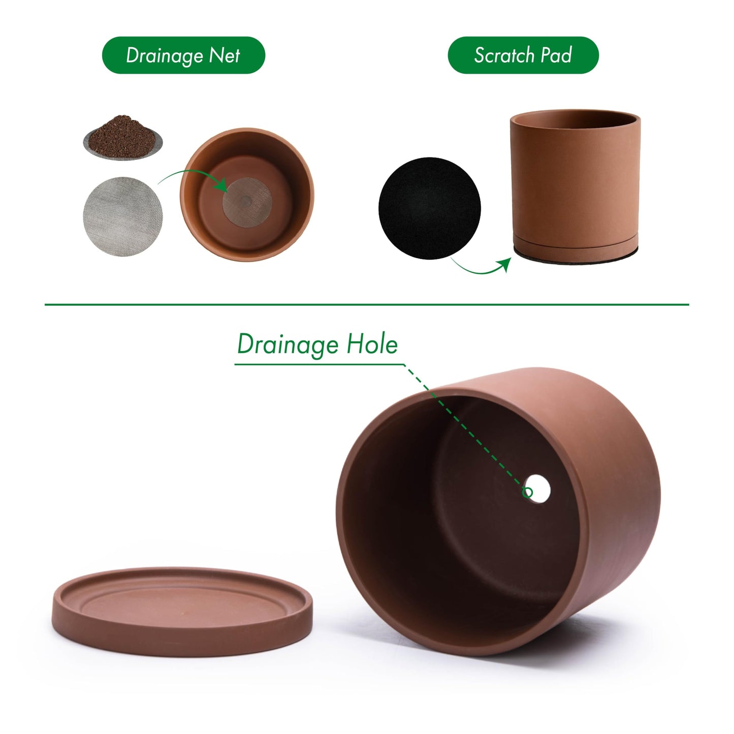D'vine Dev 6 Inch Rust Terracotta Plant Pot with Drainage Hole and Saucer, Round Cylinder Planter Pot for Indoor Plants, Set of 2, 40-V-C-2