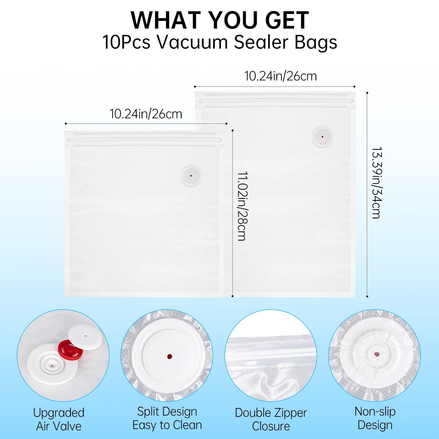 Vacuum Sealer Bags Compatible with Chef Preserve,10PCS Reusable Food Grade And Leak-Proof Storage Bags,Clear,5pcs (10.24 * 11.02 in),5pcs(10.24 * 13.39 in)