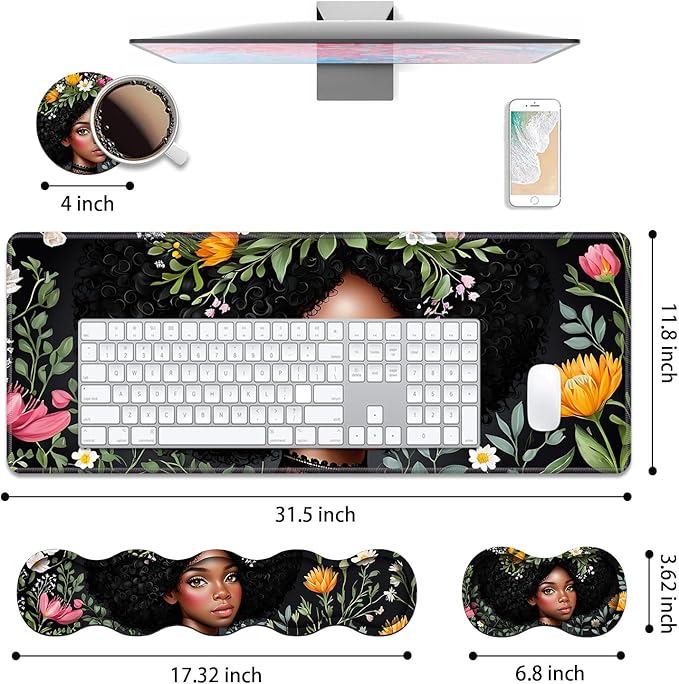 4 in 1 Ergonomic Keyboard Wrist Rest & Mouse Pad Wrist Rest Set, Large XXL Gaming Desk Mat 31.5"x 11.8" with Non-Slip Base, Memory Foam for Home Office Study Gaming, American Black Girl