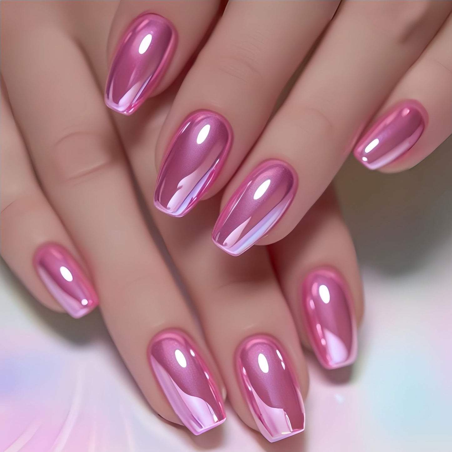 RUOKEXIN Medium Length Press on Nails Square Fake Nails Pink Chrome False Nails Full Cover Nail Press ons Sparkly Artificial Nails for Women 24Pcs