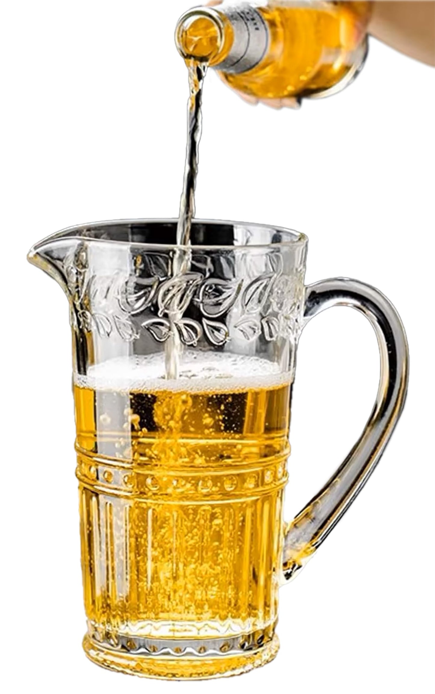 Vintage Style Glass Pitcher, 34 oz, Embossed Deco Pattern, Clear