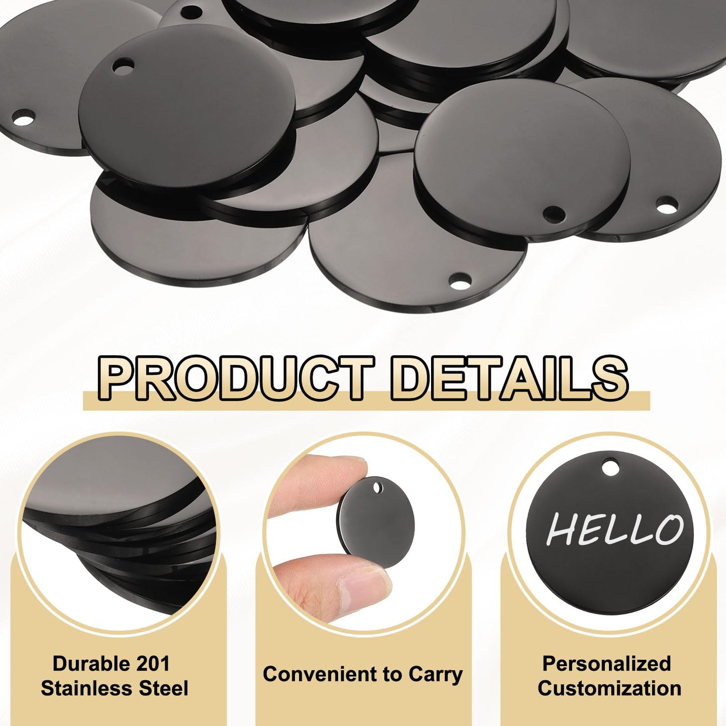 HARFINGTON 10 Pcs Round Blank Stamping Tag 37mm Stainless Steel Circle Polished Blanks Tag Pendants with Hole for Bracelet Crafts Labeling Making, Black