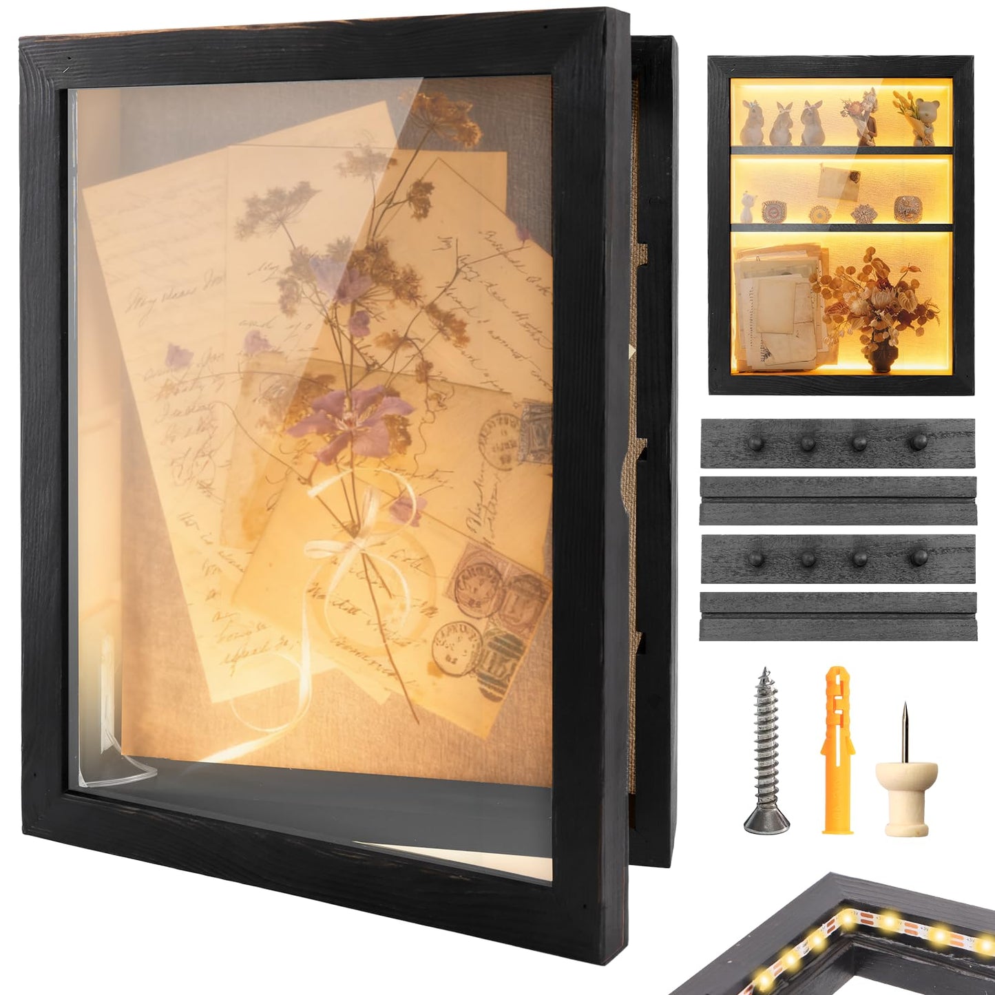 Shadow Box 14x11 Black Picture Frames Display Cases with LED Light,Memory Keepsakes Boxes with 4 Removable Trinket Shelf,for Anniversary Wedding Baby Graduates Memorial Collect-Distressed Retro