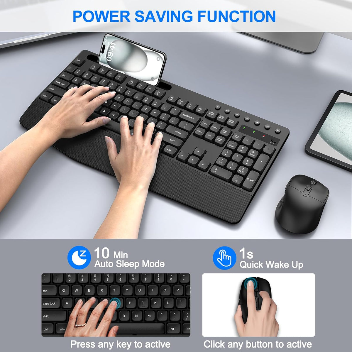 EDJO Wireless Keyboard and Mouse Combo, Full-Size Ergonomic Wireless Computer Keyboard with Wrist Rest, Phone Holder, Sleep Mode, Comfortable Natural Typing Set for Windows, Laptop, Mac, PC