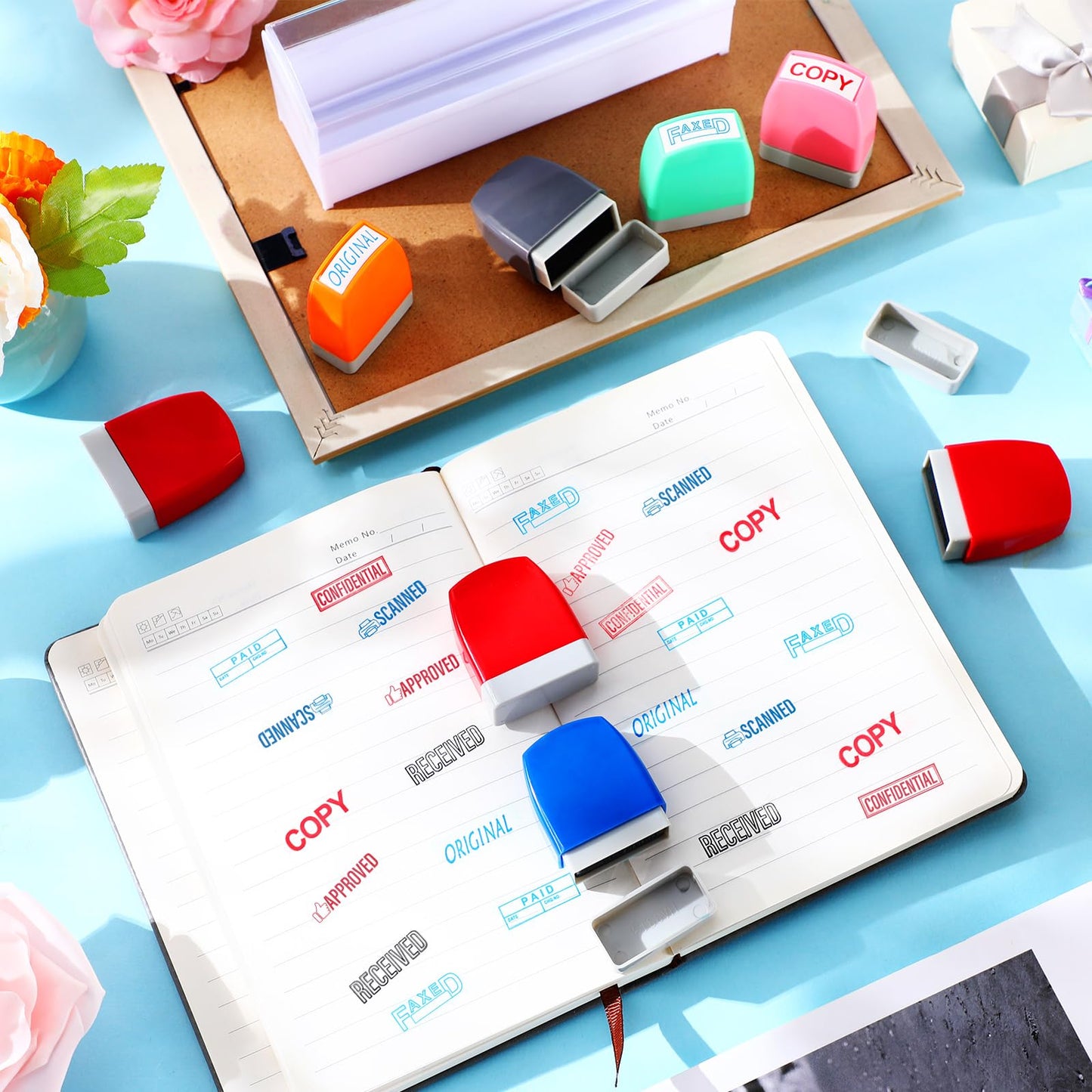 Crtiin 8 Pcs Office Stamp Set - Approved, Paid, Copy, Faxed, Scanned, Confidential, Received, Original - Self Inking Rubber Stamps Plastic, Rectangular for Business(Style 1,Mixed Colors)