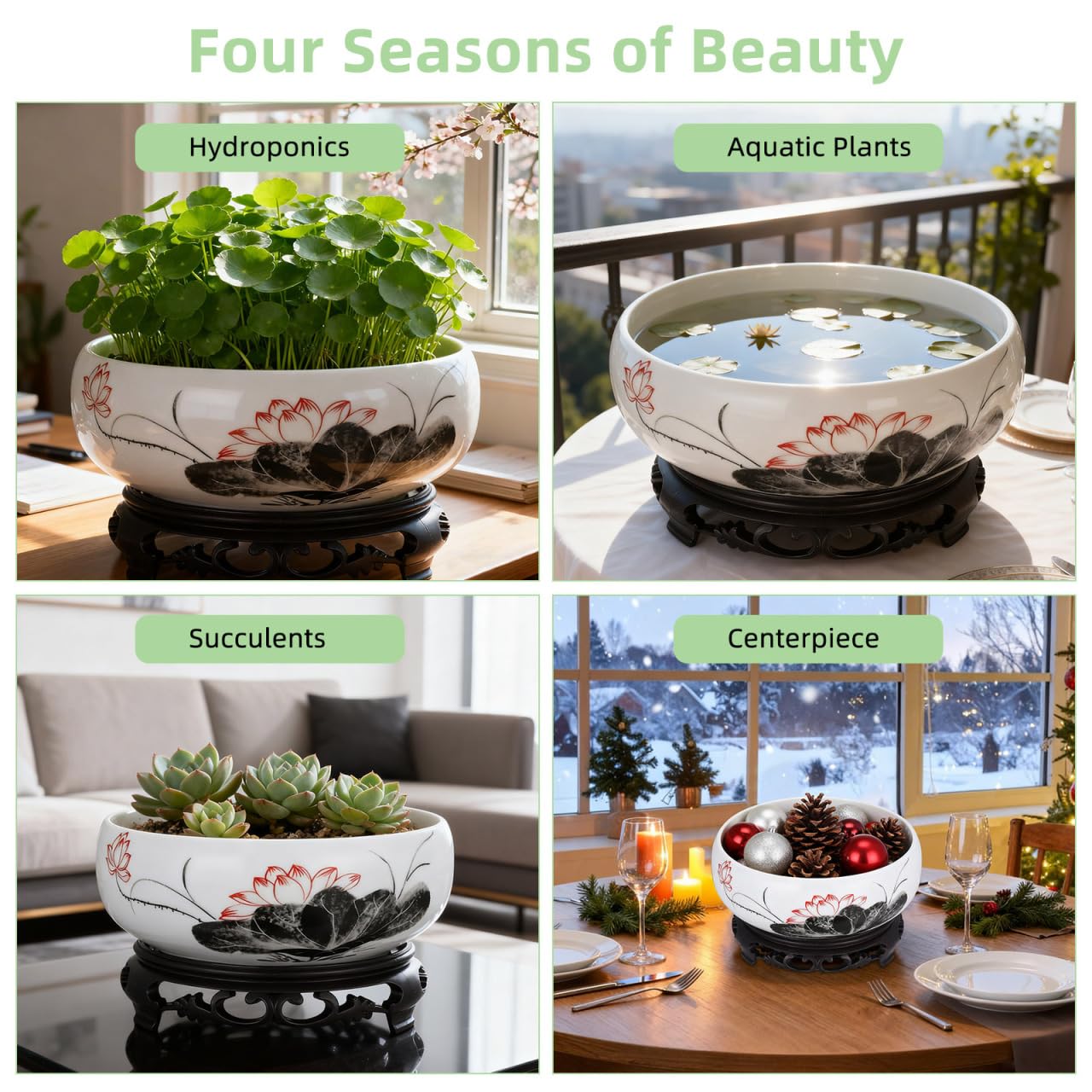 Gatuida Ceramic Bonsai Planter with Base, Hydroponic Flower Container, Water Lily Bowl, Lotus Planter for Home Decor, 6.69 x 2.75 x 4.13 Inch