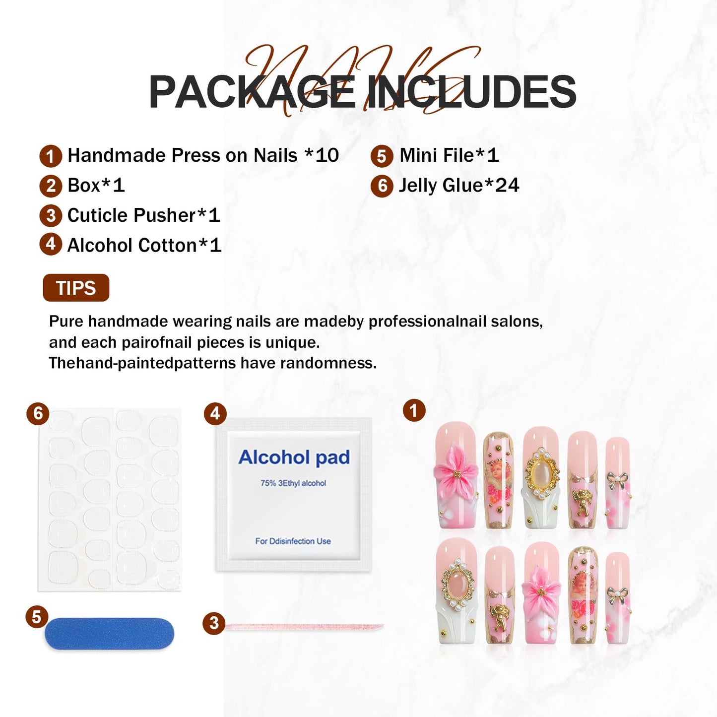 Homsera Elegant Press on Nails - 3D Pink Rose Design Luxury Glossy False Nails for Women French Manicure Full Cover Reusable