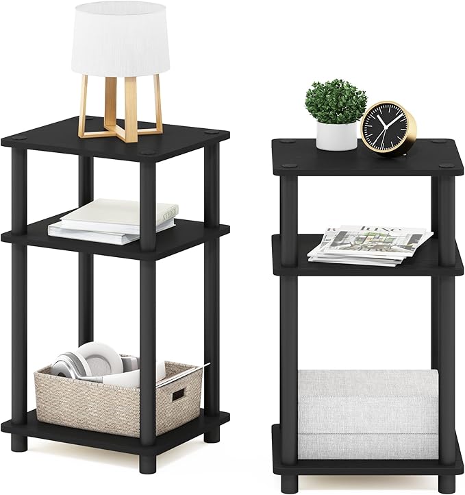 Furinno Just 3-Tier Turn-N-Tube End Table / Side Table / Night Stand / Bedside Table with Plastic Poles, 2-Pack, Americano/Black