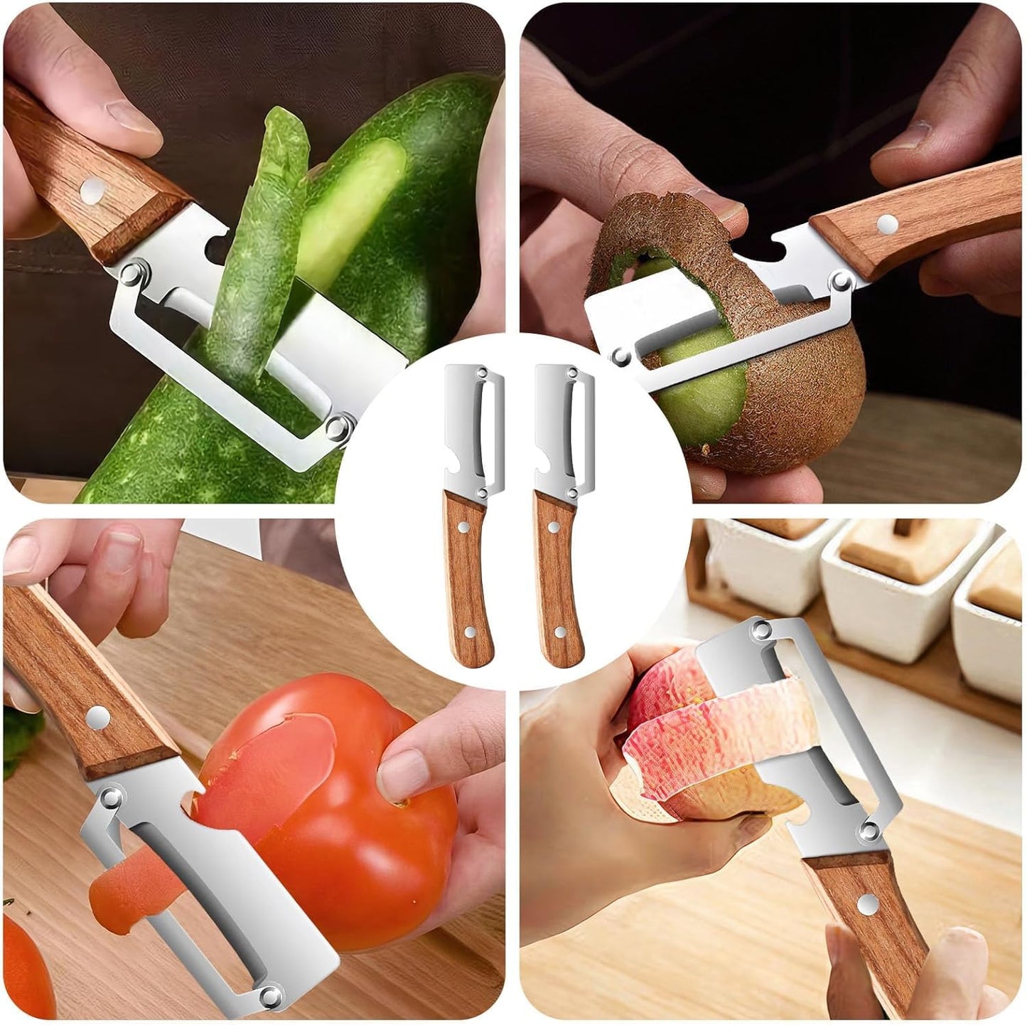 2-in-1 Multifunctional Vegetable Peeler for Kitchen Stainless Steel Fruit Peeler with Wooden Handle and Bottle Opener, Effortless Peeling for Apple, Potato, Pumpkin, Papaya(2pcs)