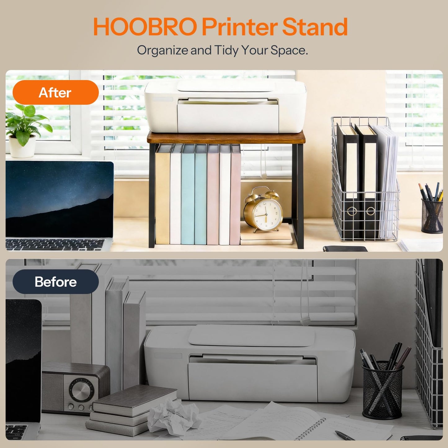 HOOBRO Printer Stand with Storage for Desk, 2-Tier Desktop Printer Shelf, Desk Organizer for Office, Kitchen, Living Room, Rustic Brown BF16PS01