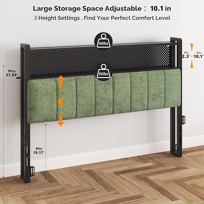 VINGLI Full Size Headboard Only, Adjustable Upholstered Headboard with 2 Tier Shelves and Pegboard with Charging Stations and LED Lights, Modern Bed Headboard with Storage for Bedroom Decor