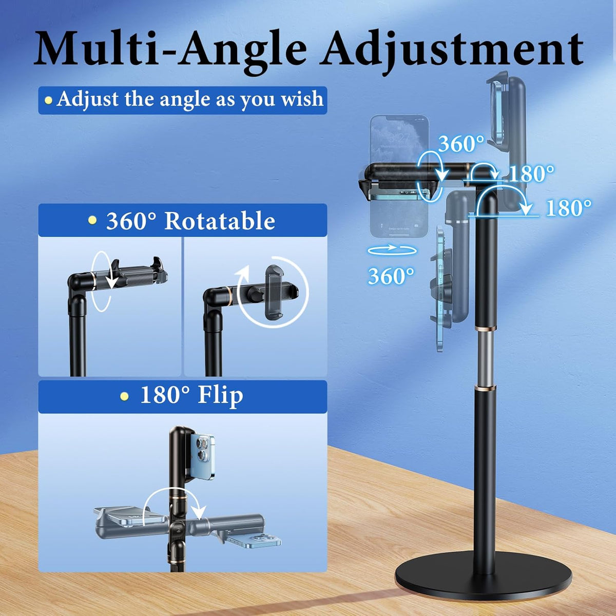 Angle Height Adjustable Phone Holder for Desk [10"-25"] - Retractable Cell Phone Holder for Video Recording Cooking Excising Working Reading -Aluminum Universal iPhone 16 15 14 13 Stand