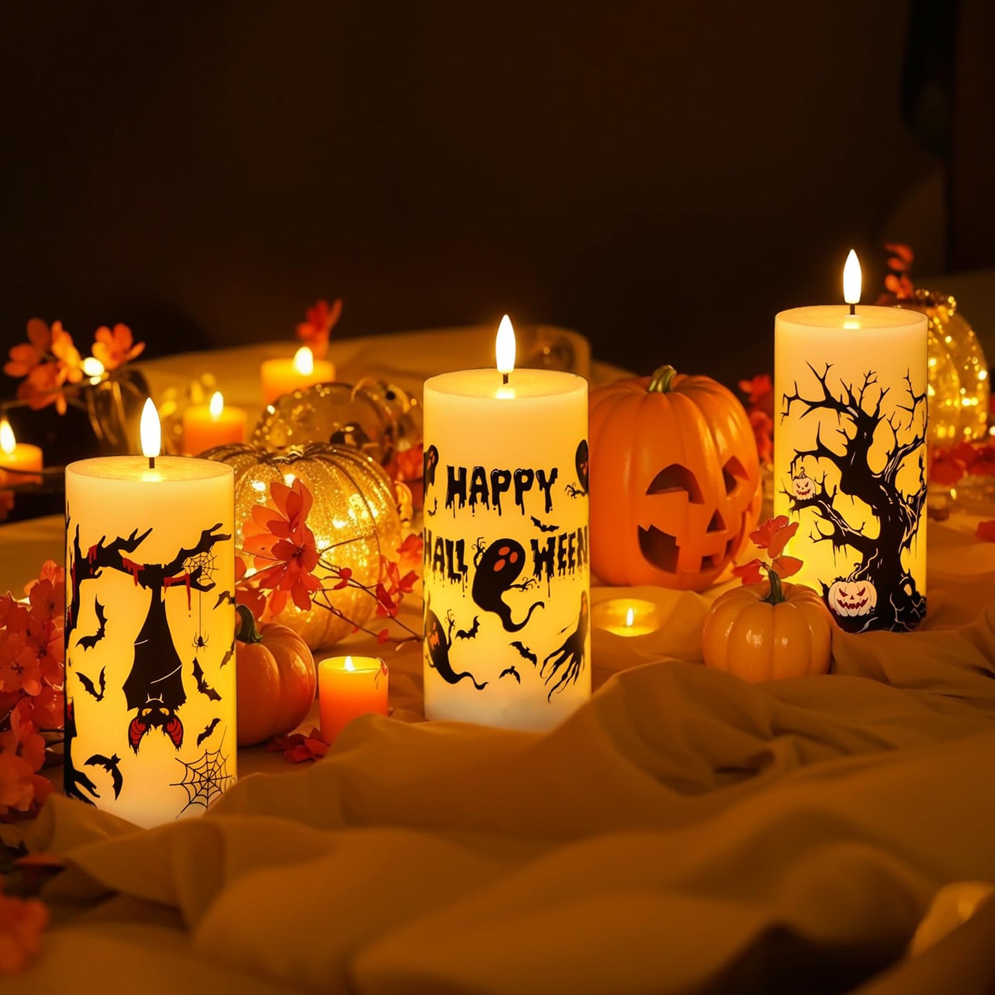 Lasumora Halloween Decorations Ghost Bat Flameless Halloween Candles with 6H Timer, Battery Operated LED Candles for Halloween Decor Indoor