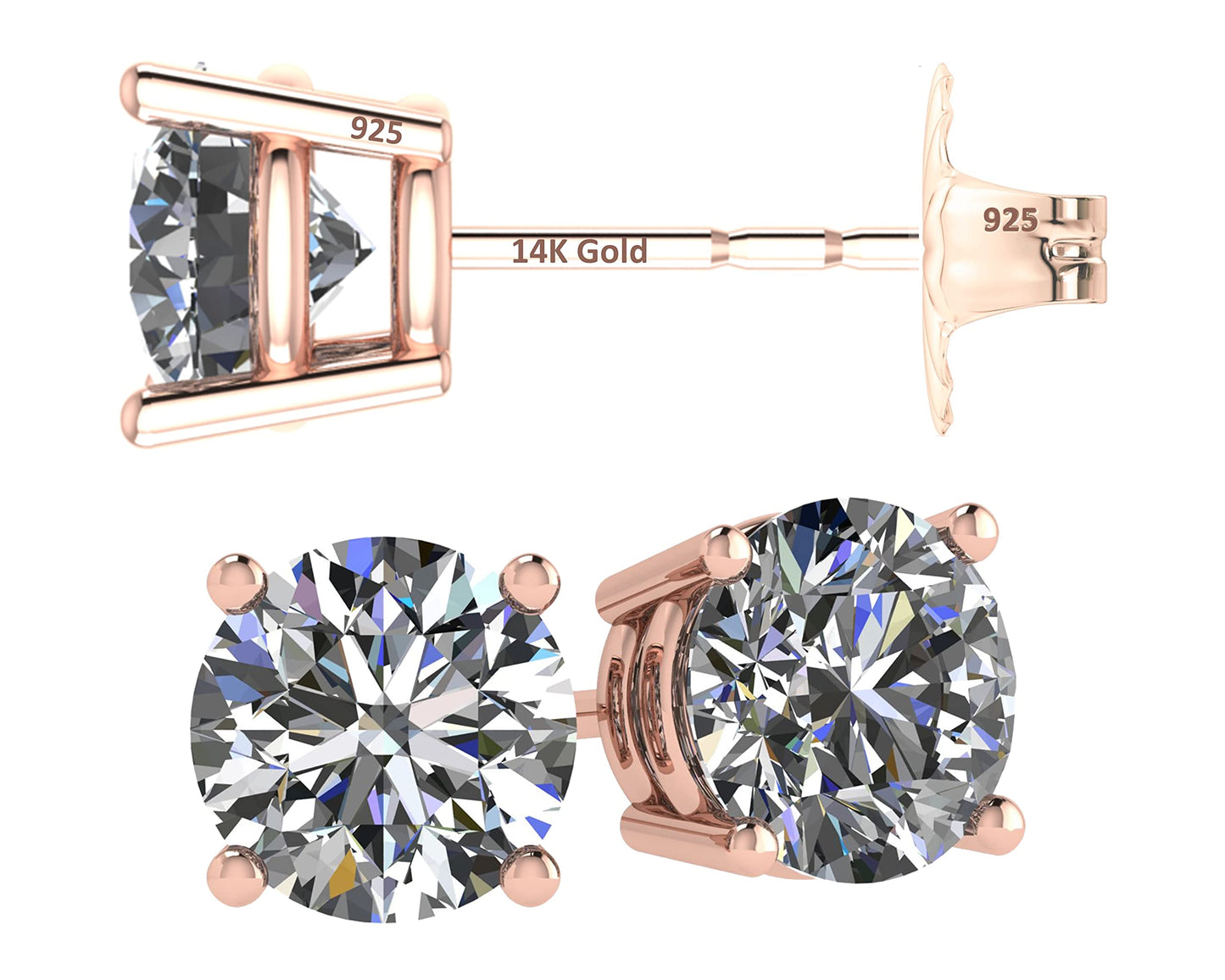 Central Diamond Center 14K Solid Gold Post & Sterling Silver 4 Prong CZ Stud Earrings - Rose Gold Plated - 9.00mm - 6.00cttw