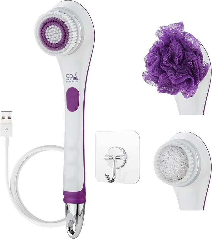 Spa Sciences - NERA - Power Shower Brush - 3-in-1 Multifunction Back & Body Brush - Exfoliation, Cleansing, Massaging - for All Skin Types - Includes Body Brush, Loofah, & Pumice Stone - USB Charging