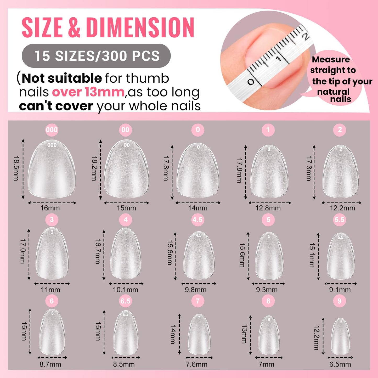 Extra Short Wide Fit Almond Nail Tips for Short Wider Nail Beds,SINOKAME Full Matte No File XS Almond Gel Press On Nails Clear,Paintable Fake Nails Durable 15 Sizes 300 Pcs