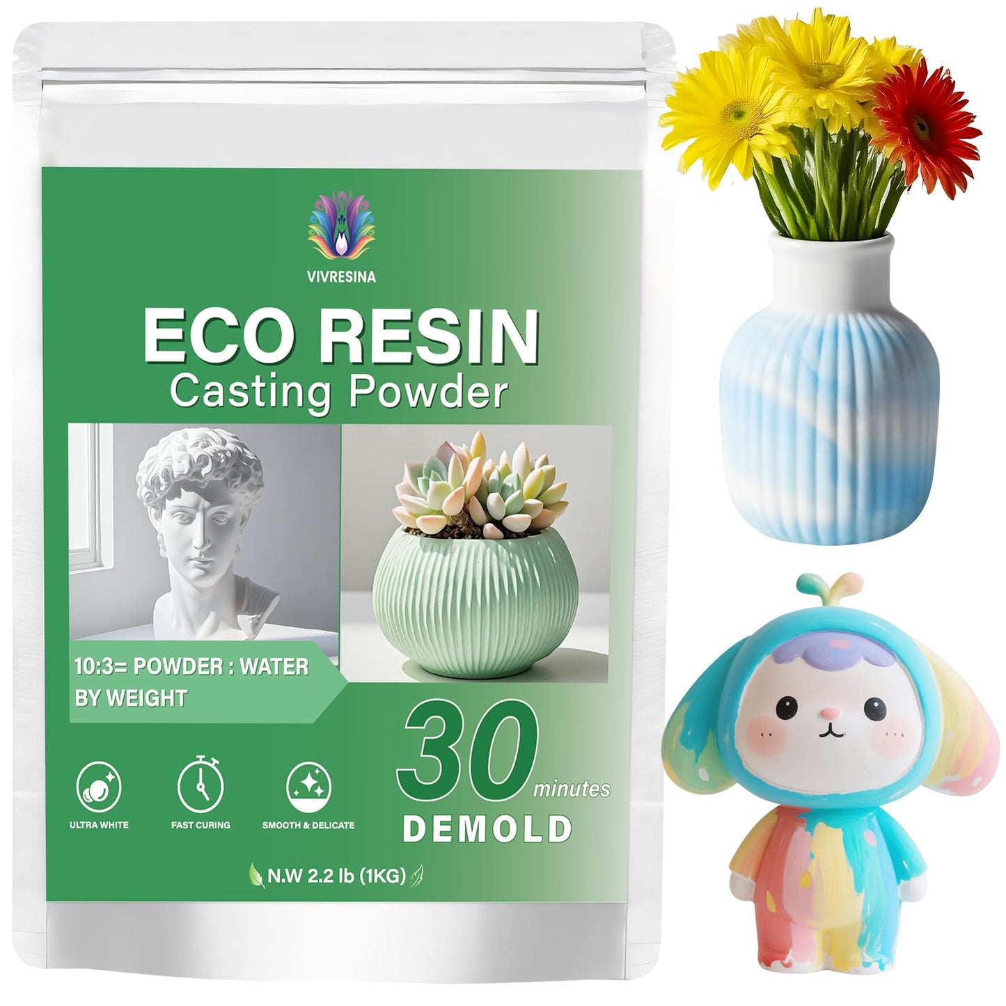 Vivresina Casting Powder 1000g, Fast Curing 30 Minutes Demold, Water Activated Plaster Powder Casting Kit for DIY Home Art, Easy Mix & Self Leveling