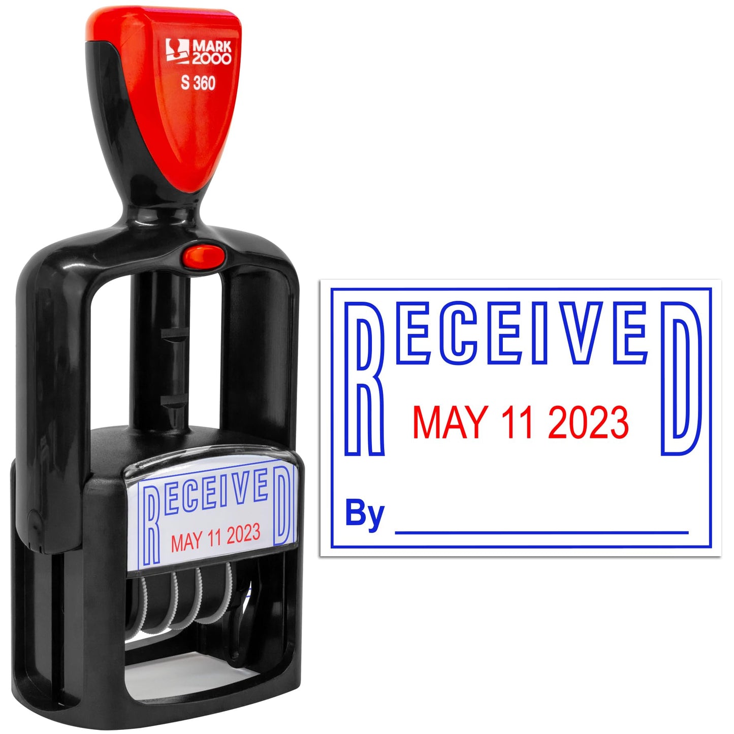 Mark 2000 Self-Inking Rubber Date Office Stamp with Received Phrase - Blue Ink & Date Red Ink - 12-Year Band