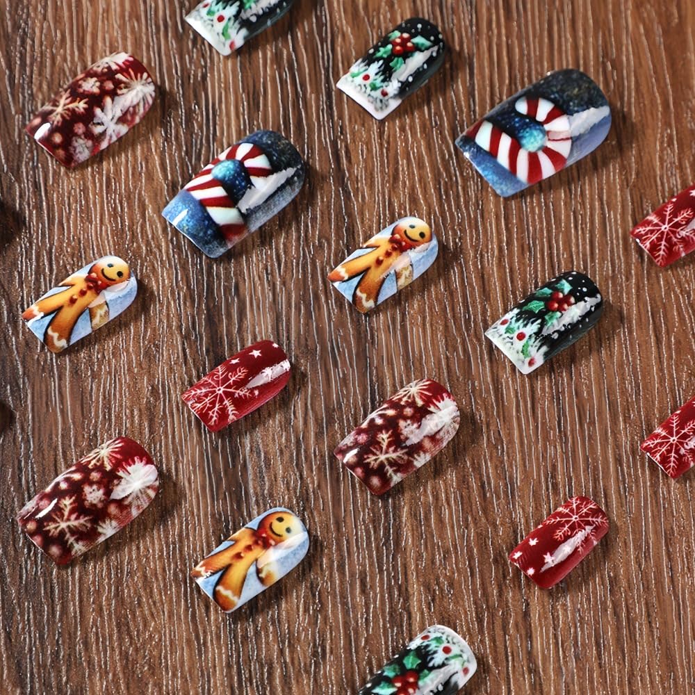 24 Pcs Christmas Press On Nails - Short Square Glossy False Nails with Candy & Cherry Design, Full Cover Gradient & Snowflake Glue, Red Christmas Fake Nails for Women's Manicure Kit