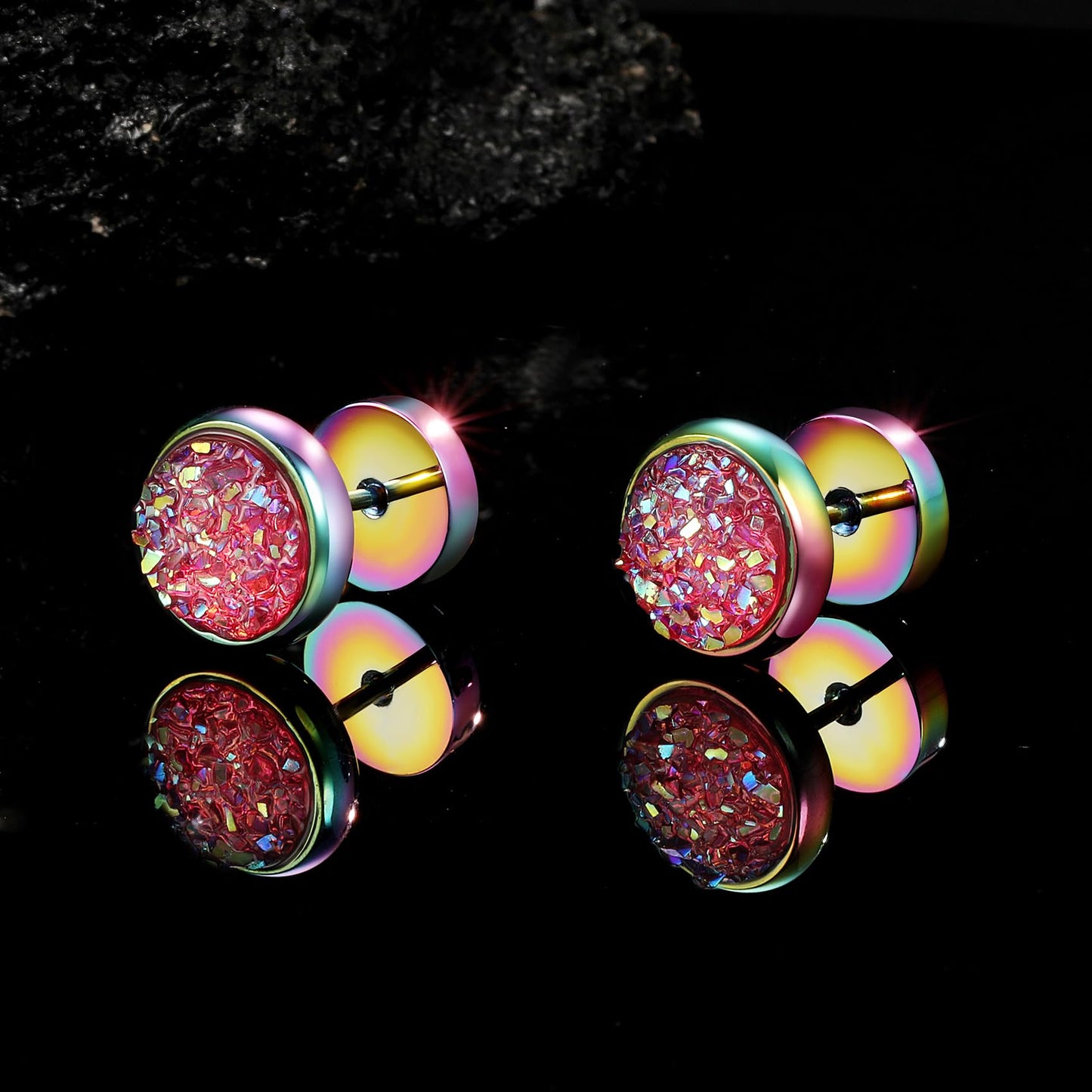VOLUKA Crystal Stone Stud Earrings Flat Back Titanium Stainless Steel Hypoallergenic Cartilage Earrings Stud for Sensitive Ears Women Men(Pink-Rainbow)