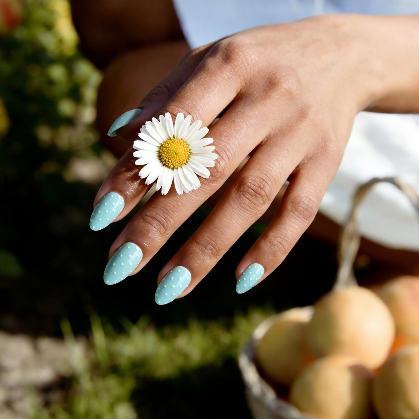 BTArtbox Press On Nails Short - Dotted Overalls, Easy-to-Apply Polka Dot Pastel Blue Almond Press On Nails with Glue and Adhesive Tabs in 16 Sizes - 32 Nails All-in-One Kit