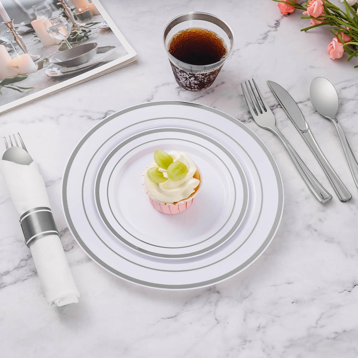 Goodluck 700 Piece Silver Plastic Dinnerware Set for 100 Guests, Disposable Plates for Party, Include: 100 Dinner Plates, 100 Dessert Plates, 100 Pre Rolled Napkins with Silverware, 100 Cups