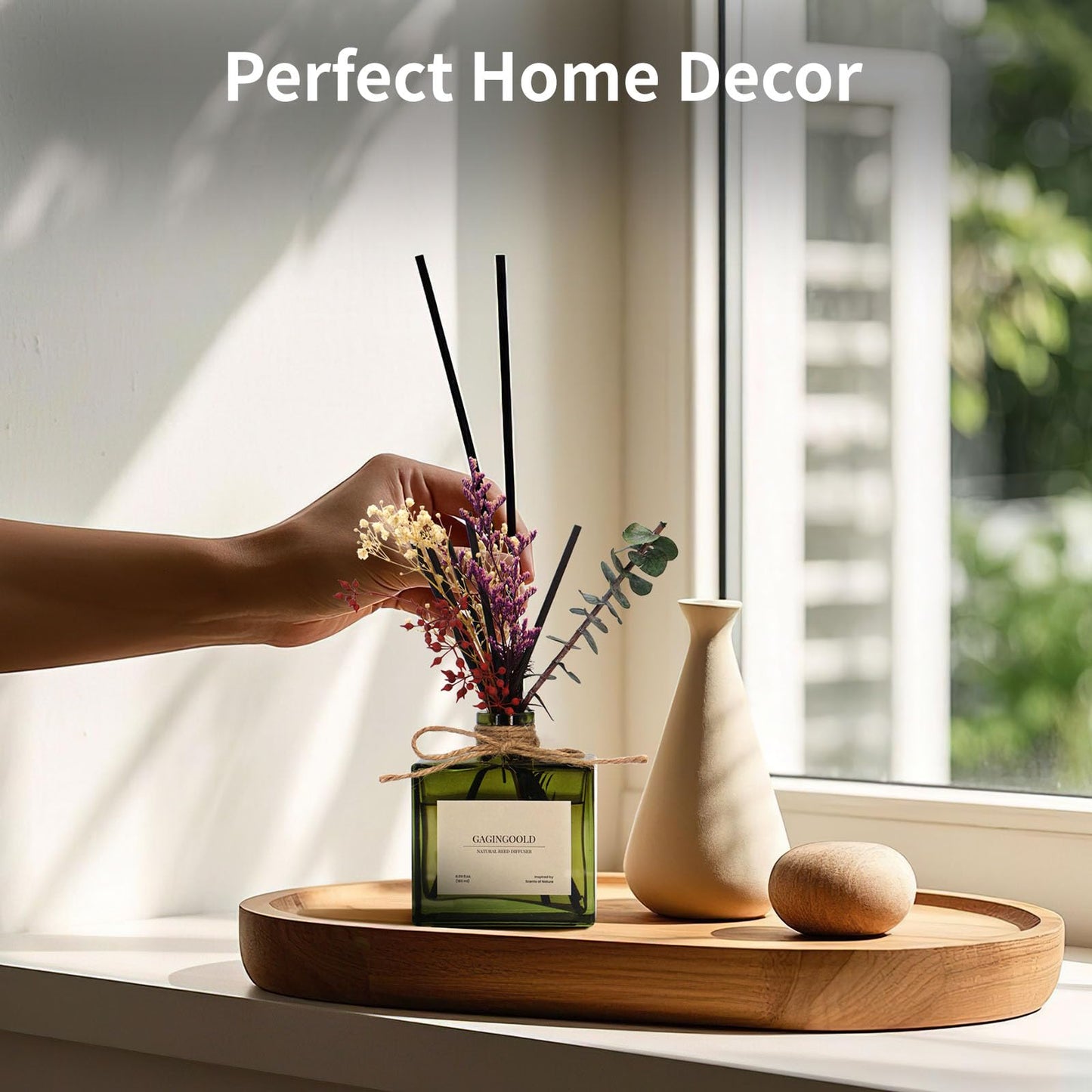 GAGINGOOLD Reed Diffuser, 6.09 oz Earthy Sandalwood Scent Diffuser with Sticks & Dried Flowers, 120 Days Long Lasting diffusers for Home, Elegant Fragrance for Bathroom Bedroom Office Decor Air Fresh