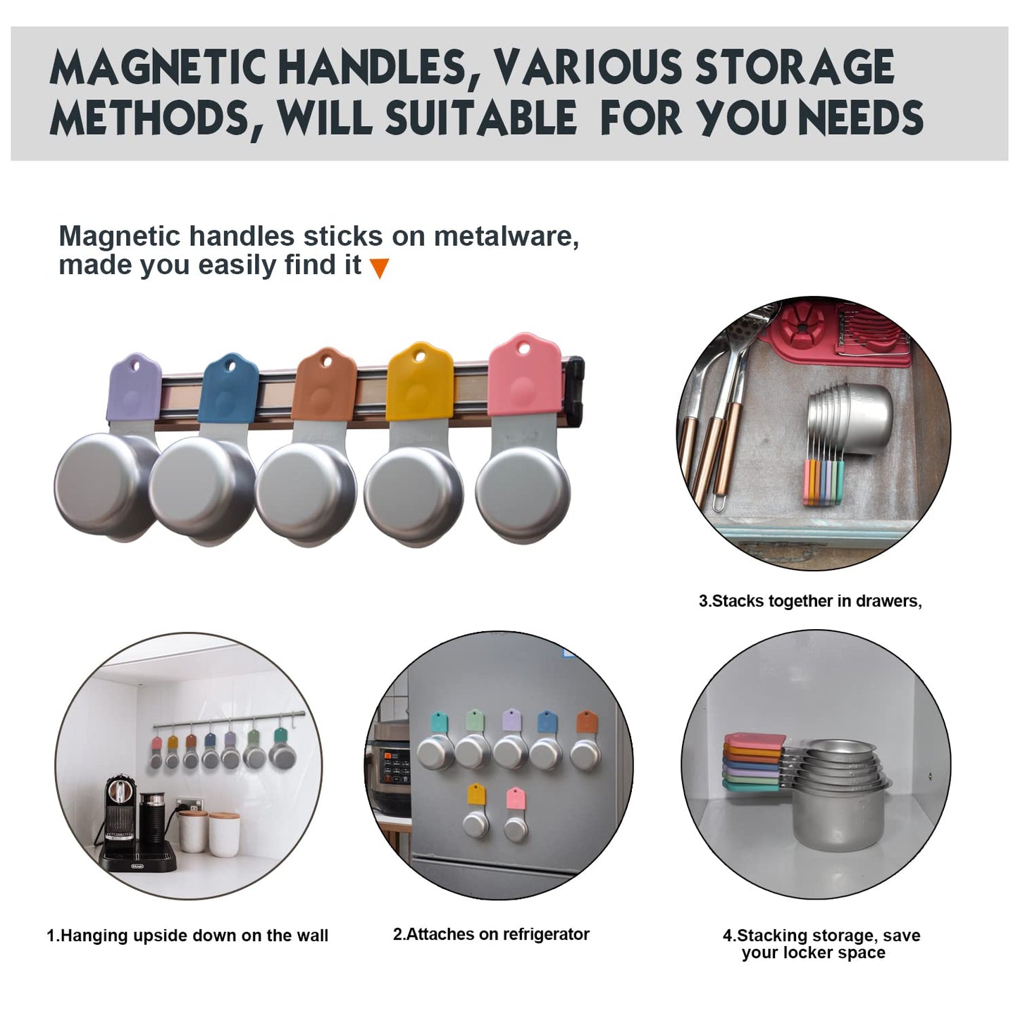 Magnetic Measuring Cups Set, 7 Pieces 18/8 Stainless Steel Stackable Nesting Heavy Duty Measuring Cups, kitchen Tools, Perfect for Dry and Liquid Ingredients, Dishwasher Safe (Muticolour, 7 set)