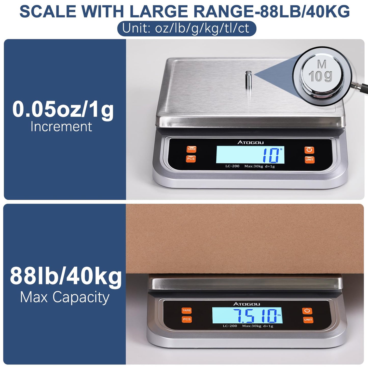 Atogou 88lb Food Scale, Commercial Kitchen Scale Plug-in Usable with Full View LCD Display, Stainless Steel, for Baking, Bread, Cooking, Meat, Vegetables, Farm, Industry LC200 Silver
