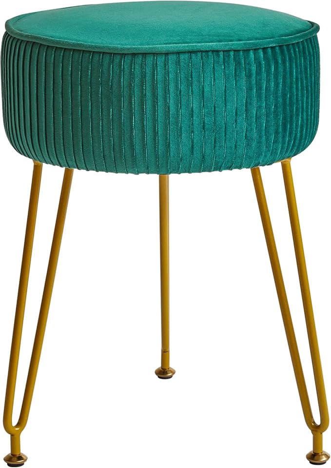 IBUYKE Velvet Round Footrest Stool Ottoman, Makeup Vanity Stool Side Table, Velvet Dressing Table Seat, Pouf Couch Stool, Golden Steel Legs, Green LG-30L