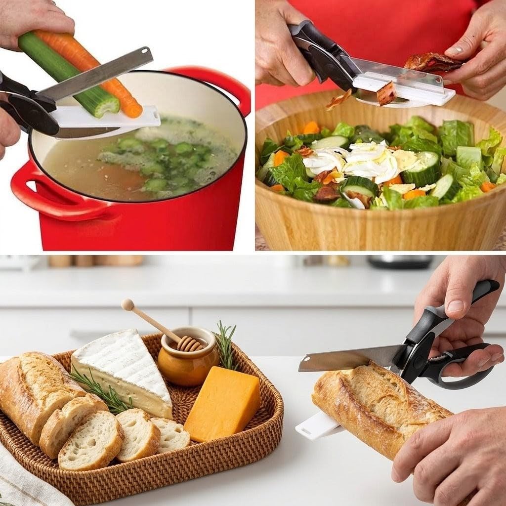 Professional 2-in-1 Kitchen Smart Cutter – Stainless Steel Vegetable Scissors & Food Chopper with Built-in Cutting Board – Multi-Function Slicer for Fruits, Veggies, Cheese, and Meat