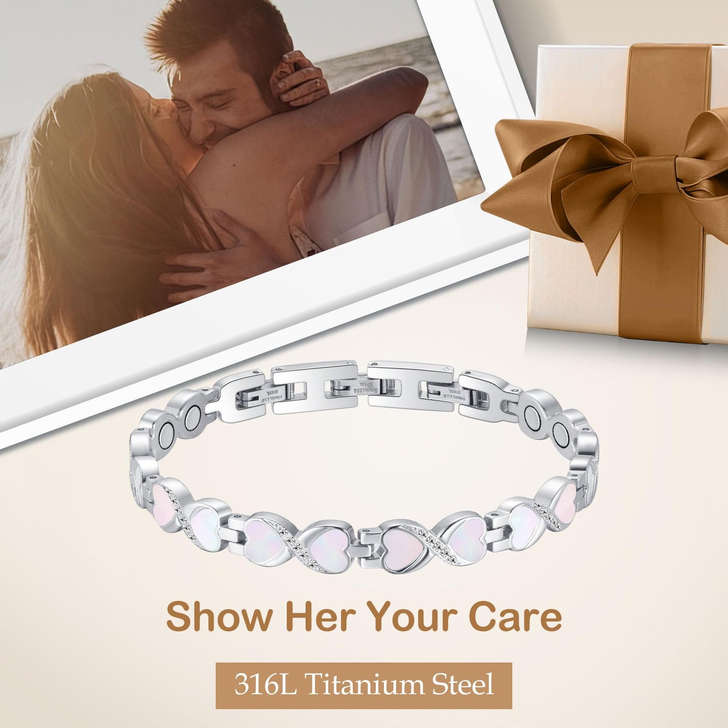Feraco Ultra Strength Magnetic Bracelets for Women with 3800 Gauss Therapy Magnets, Titanium Steel Magnet Bracelet for Women with Natural Fritillaria, Adjustable with Sizing Tool, Original Design