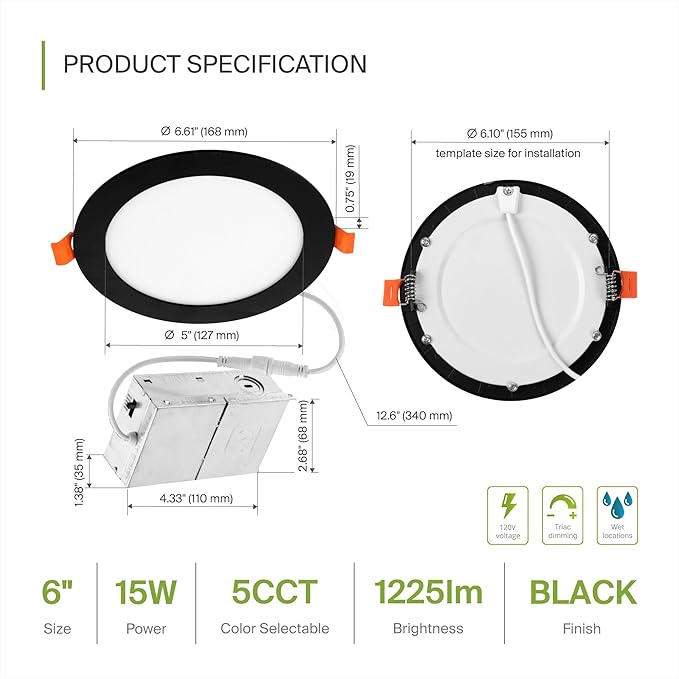 ASD 6 Pack LED Recessed Lighting 6 Inch 15W, 5 CCT 2700K-5000K CRI90+, IC Rated Ultra Thin Dimmable Ceiling Lights with J Box, Canless Wafer Downlight, Round Slim Panel Light, UL Energy Star, Black