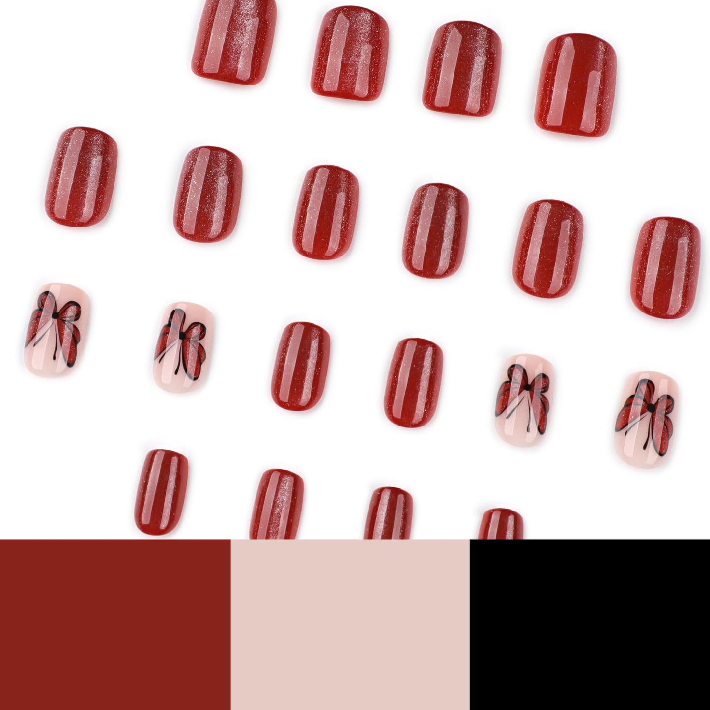Short Press on Nails Square Fake Nails with Butterfly Design Dark Red Glossy Full Cover Stick on False Nails for Women Manicure 24Pcs